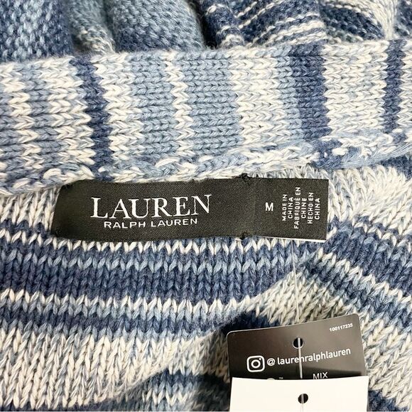 NWT Lauren Ralph Lauren Blue Striped Belted Linen-Cotton Cardigan Size Medium - Picture 12 of 15